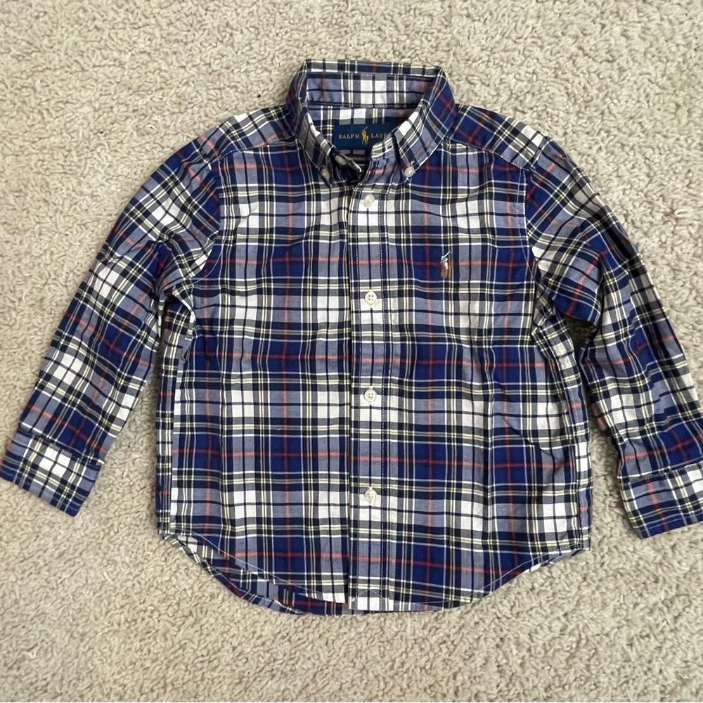 Toddler Boy's RALPH LAUREN Blue & White PLAID Natural Stretch BUTTON Down SHIRT